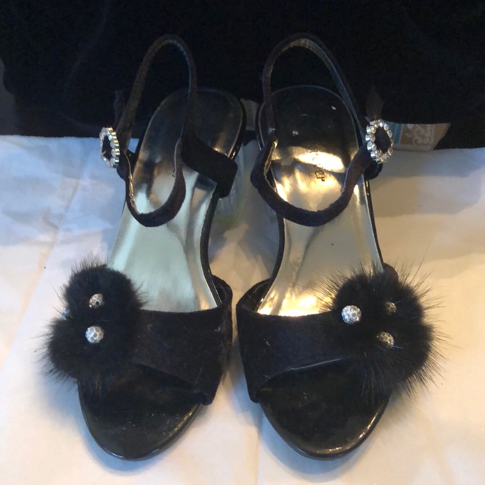 Moved Forever Velvet faux fur crystal beads chunky lucite ankle strap heel